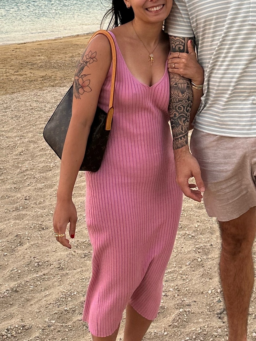Women's Pink Ribbed Knit Midi Dress